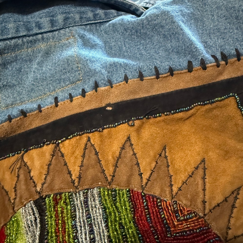 Chico's Denim Blue Jean Jacket with Brown Leather Trim - Picture 6 of 7
